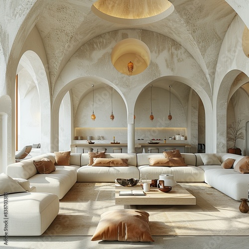 high round ceilieng arab style apartmant, all white, open space, combined minimal-medieval kitchen, and living room, greek atmosphere,  photo