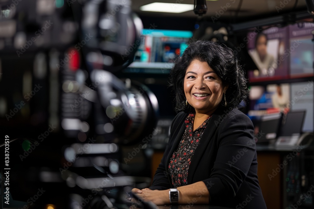 Professional Photography of a news anchor receiving breaking news updates while on air, Generative AI Professional Photography of a news anchor receiving breaking news updates while on air, Generative AI