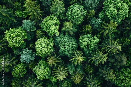 Aerial top view of green trees in forest. Drone view of dense green tree captures CO2. Green tree nature background for carbon neutrality and net zero, Generative AI 
