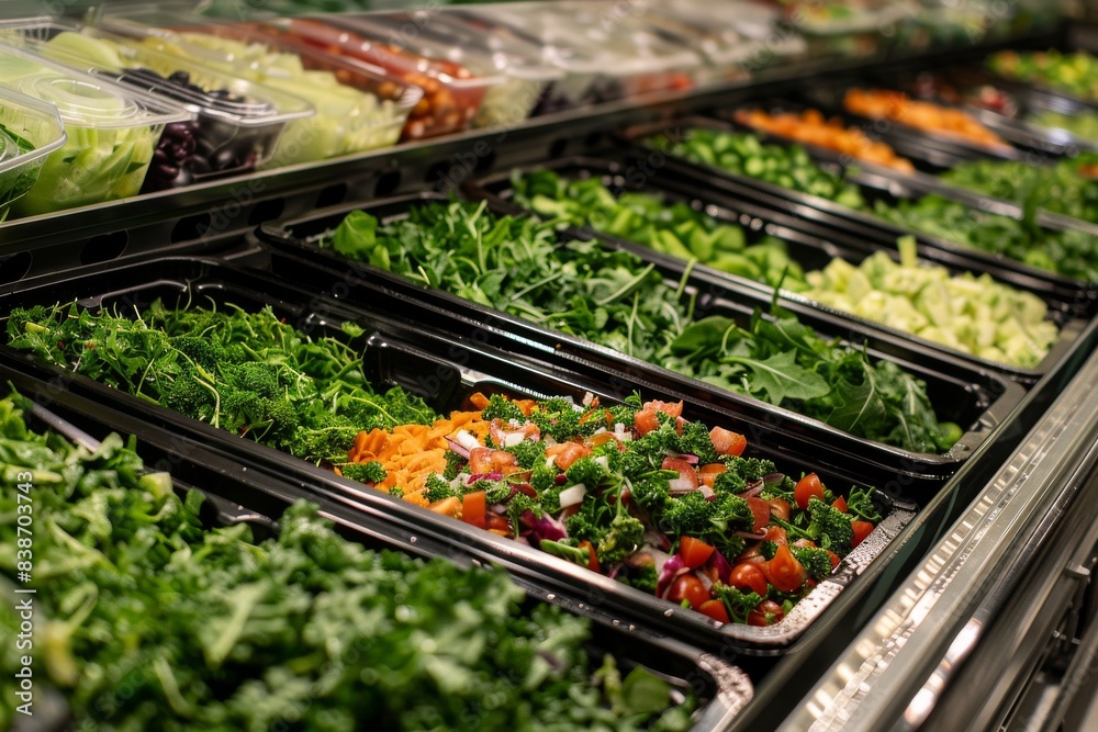 A beautifully arranged grocery store salad bar with fresh greens, toppings, and dressings A beautifully arranged grocery store salad bar with fresh greens, toppings, and dressings