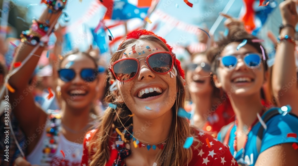 A group of people dressed in red, white, and blue, participating in a Fourth of July parade, waving flags and smiling A group of people dressed in red, white, and blue, participating in a Fourth of July parade, waving flags and smiling