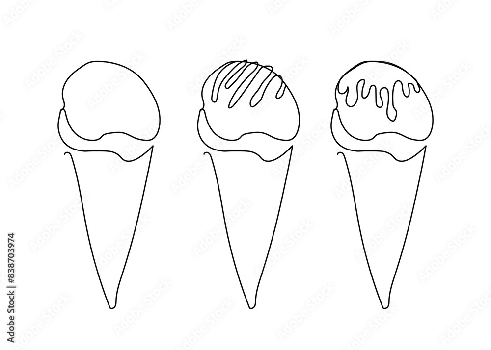 ce cream in waffle cone in one continuous line drawing. Symbol dessert gelato for menu and business card design in simple linear style. Editable stroke. Doodle contour vector illustration ce cream in waffle cone in one continuous line drawing. Symbol dessert gelato for menu and business card design in simple linear style. Editable stroke. Doodle contour vector illustration