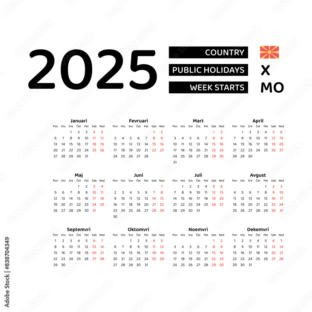 North Macedonia Calendar 2025. Week starts from Monday. Vector graphic design. Macedonian language. North Macedonia Calendar 2025. Week starts from Monday. Vector graphic design. Macedonian language.