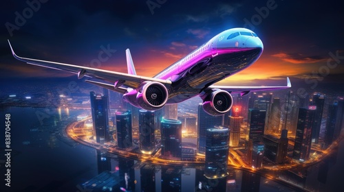 Photograph of a sleek Airbus A320 gracefully gliding above a vibrant cityscape, its underbelly illuminated by the city's dazzling lights photo