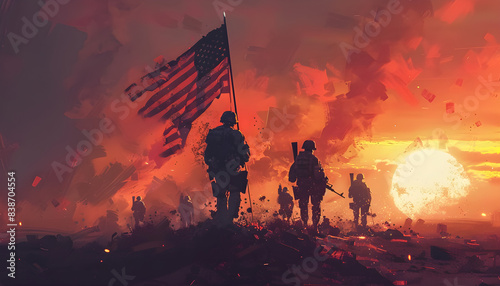 Illustration of USA army holding their flag on 4th of July, a patriotic celebration