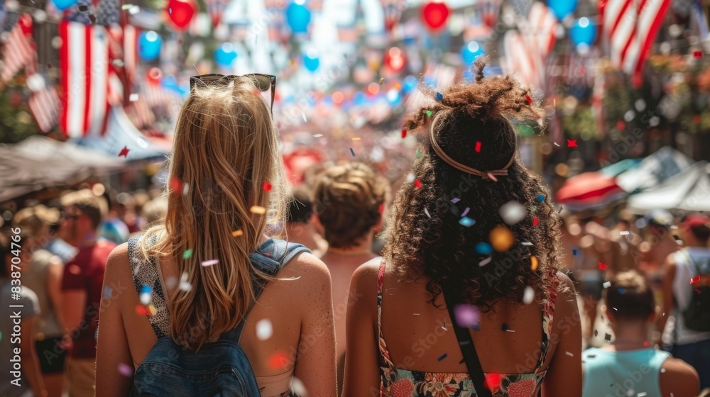 A group of friends watching a Fourth of July parade, with American flags and festive decorations all around A group of friends watching a Fourth of July parade, with American flags and festive decorations all around