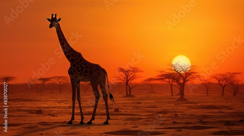Photograph of a solitary giraffe silhouetted against a fiery orange sunset, its long legs casting long shadows across the parched earth.
