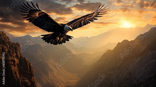 Photograph of a solitary golden eagle gliding effortlessly over a rugged mountain landscape, its silhouette casting a dramatic shadow against the sun-kissed peaks  photo