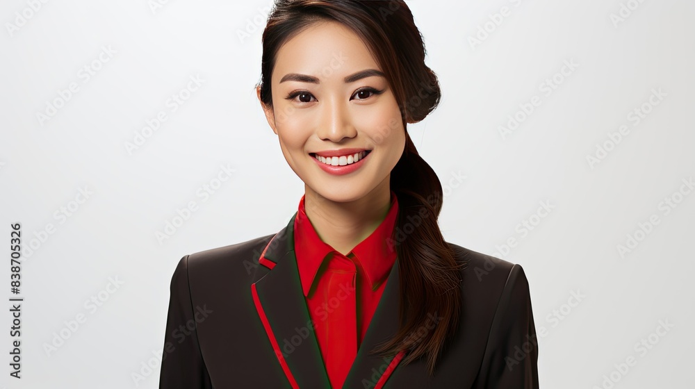 photograph of a stunning Asian flight attendant with a warm smile and welcoming eyes, gazing directly at the camera, set against a clean white background photograph of a stunning Asian flight attendant with a warm smile and welcoming eyes, gazing directly at the camera, set against a clean white background