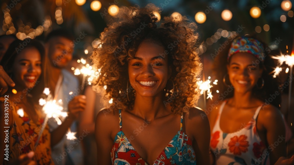 A group of friends lighting sparklers at a 4th of July celebration, with big smiles and festive outfits