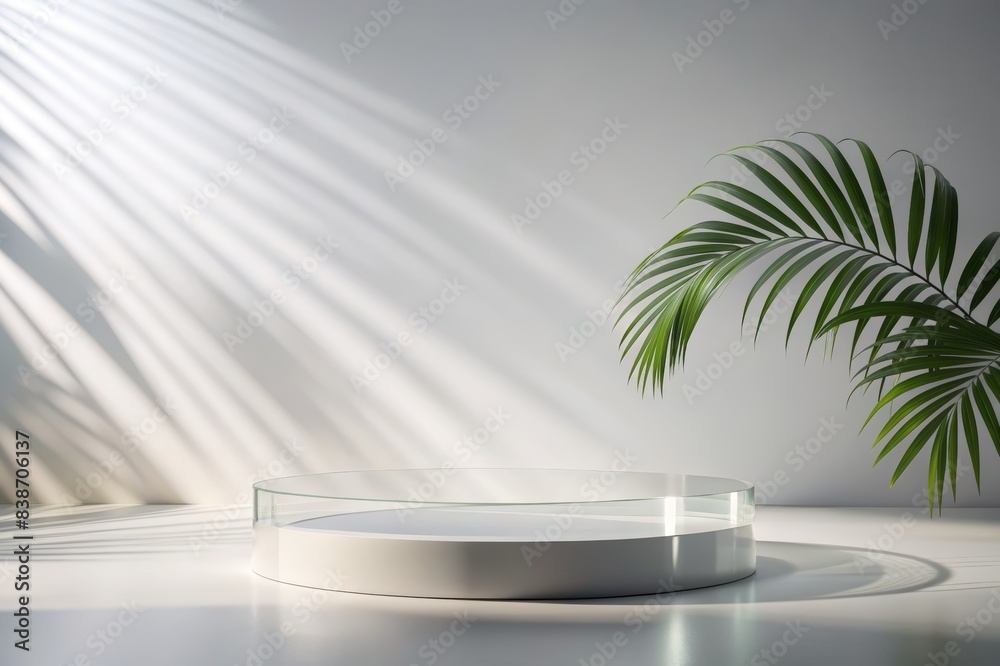 Elegant Minimalist Podium for Product Display with Natural Light and Greenery - Ideal for Showcasing Cosmetics, Jewelry, or Small Items in a Modern Setting Elegant Minimalist Podium for Product Display with Natural Light and Greenery - Ideal for Showcasing Cosmetics, Jewelry, or Small Items in a Modern Setting