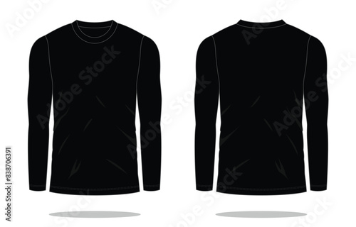 Blank Black Long Sleeve T-Shirt Template on White Background. Front and Back Views, Vector File.
