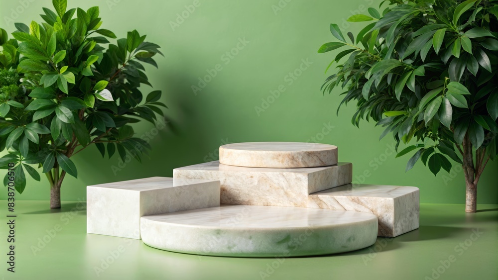 Elegant Marble Podium Display with Greenery Background for Product Presentation, Modern Minimalist Design, Ideal for Showcasing Cosmetics, Jewelry, and Luxury Items Elegant Marble Podium Display with Greenery Background for Product Presentation, Modern Minimalist Design, Ideal for Showcasing Cosmetics, Jewelry, and Luxury Items