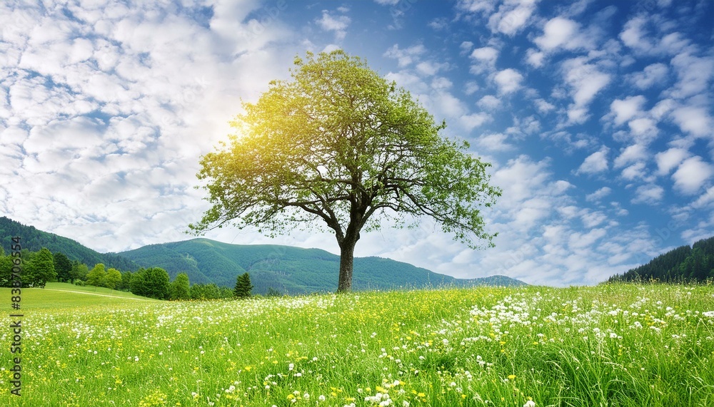 Fototapeta premium Tree in Field with Flowers and Grass