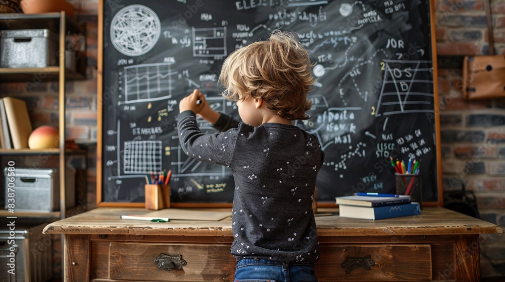 A child drawing on a chalkboard in a home classroom setup A child drawing on a chalkboard in a home classroom setup
