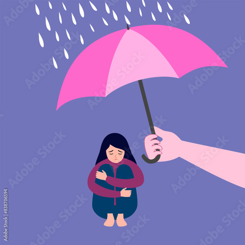 Hand holding umbrella to prevent falling rain and comforting depressed crying female friend in flat design.