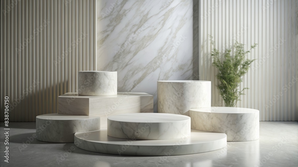 Fototapeta premium Elegant Marble Podium Display for Product Presentation in Modern Minimalist Setting with Natural Light and Greenery