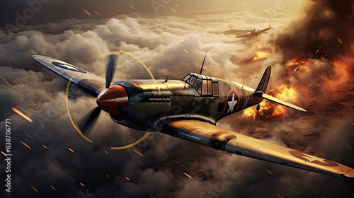 Photograph of a vintage World War II Spitfire fighter plane engaged in a dogfight with a Messerschmitt Bf 109 