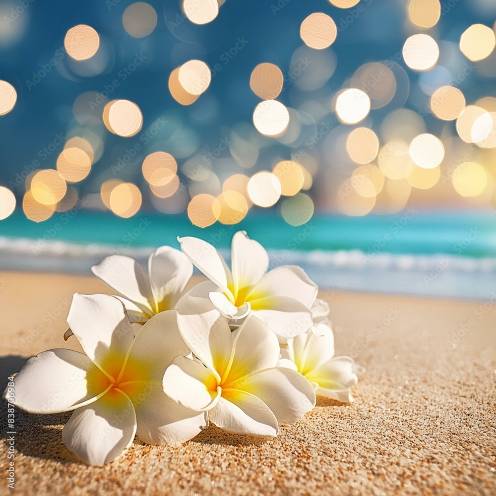 Tropical beach with plumeria flowers on sand, bokeh lights, and turquoise sea Tropical beach with plumeria flowers on sand, bokeh lights, and turquoise sea