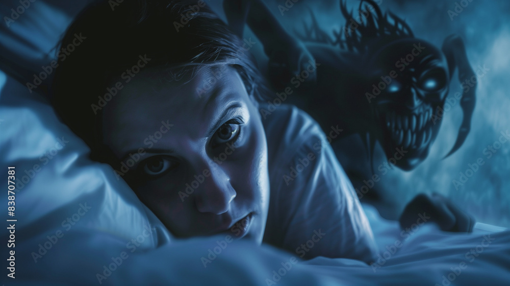 Obraz premium Frightened woman in bed with a demon-like figure looming.