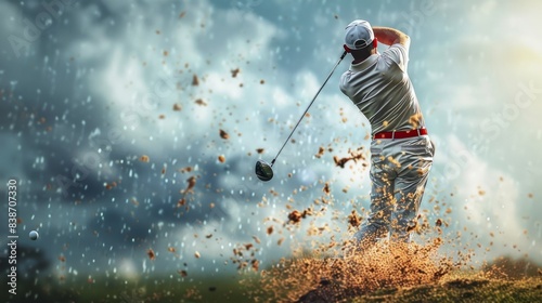 A golfer in mid-swing, capturing the motion and energy as the golf ball takes off