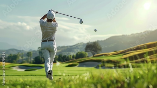 A golfer executing a perfect swing, with the golf ball in mid-flight and the lush green landscape in the background