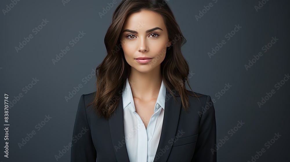 photograph of an inspiring young female lawyer, her aura of success and unwavering commitment to her clients evident in her every expression, set against a minimalist background 