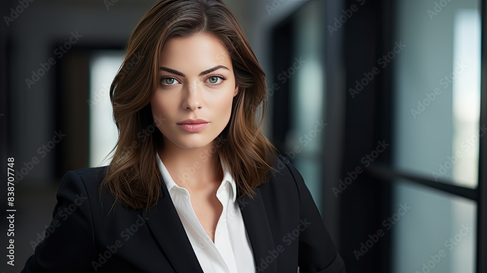 photograph of an inspiring young female lawyer, her aura of success and unwavering commitment to her clients evident in her every expression, set against a minimalist background 