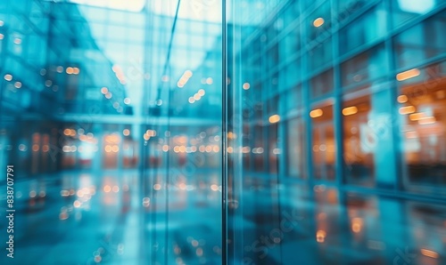 Blurred glass wall of modern business office building at the business center use for background in business concept. Blur corporate business office. Abstract windows with a blue, Generative AI 