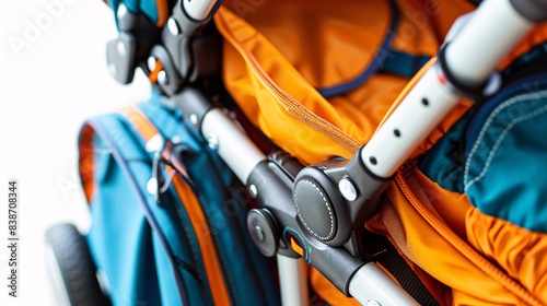 Close-up of a modern, colorful baby stroller featuring vibrant orange and blue fabric details. Perfect for parenting and baby gear themes. photo