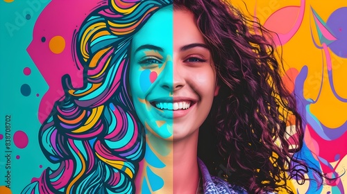Colorful Portrait of a Happy Woman with Curly Hair and Cartoon Inspired Digital