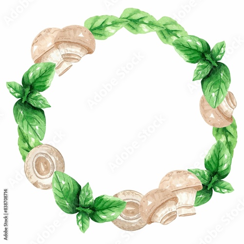 Frame from mushroom champignon and basil. Hand drawn watercolor illustration on white background. Template for design banner, cards, flyers.