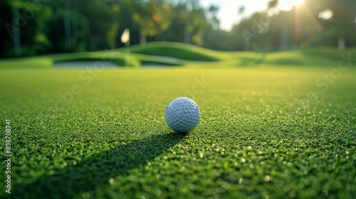 A golf ball bouncing on a green fairway, with the flagstick and hole in the background