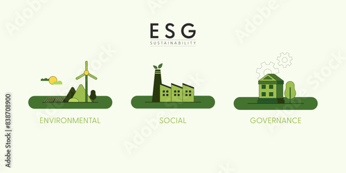 ESG concept, Environmental, Social and Governance. Set of Green ecology and environment background. Flat minimal style. Vector Illustration.
