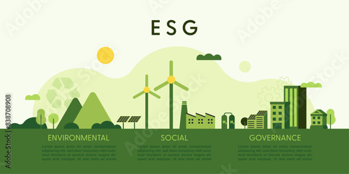 ESG concept, Environmental, Social and Governance. Green eco landscape background. Flat minimal style. Vector Illustration.