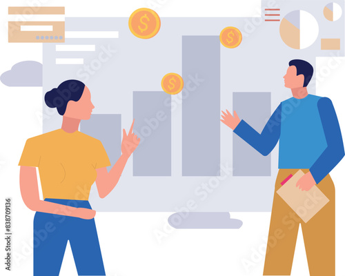 A boy and a girl are discussing a graph of dollars.
