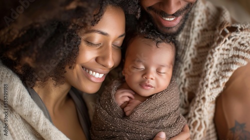 Parents smiling and looking at their newborn baby wrapped in a blanket