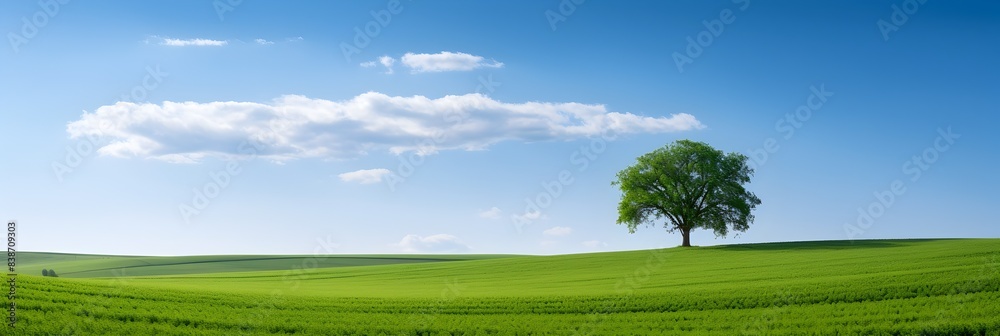 Lone Tree Standing Tall in a Vast Lush Green Meadow Under a Clear Blue Sky Lone Tree Standing Tall in a Vast Lush Green Meadow Under a Clear Blue Sky