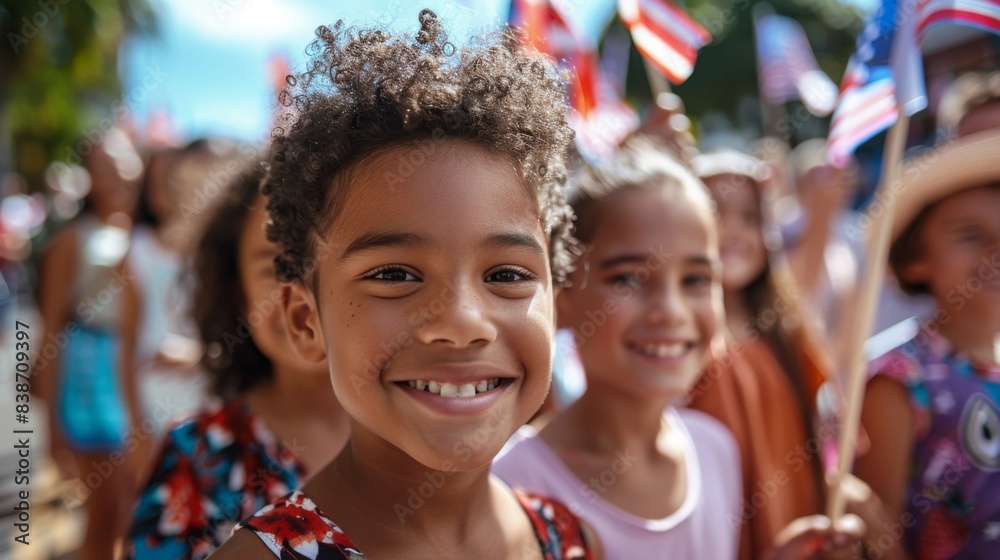 A family watching a Fourth of July parade from the sidewalk, with children waving flags and smiling A family watching a Fourth of July parade from the sidewalk, with children waving flags and smiling