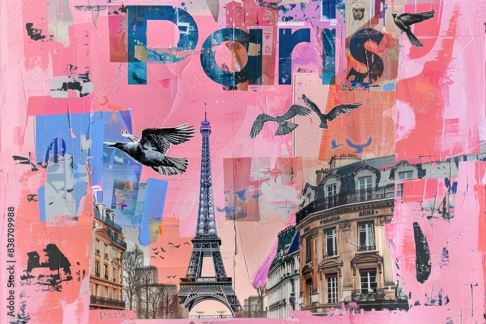 Obraz premium Vintage Parisian Dreams. A vintage magazine cutout collage of Paris in pastel pink and blue hues, featuring the Eiffel Tower, charming buildings, and birds flying around. 