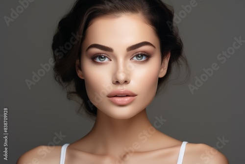 A gorgeous European model  woman, striking caucasian model displays her expertly applied cosmetic makeup in close-up shot against a pastel earthtone backdrop.