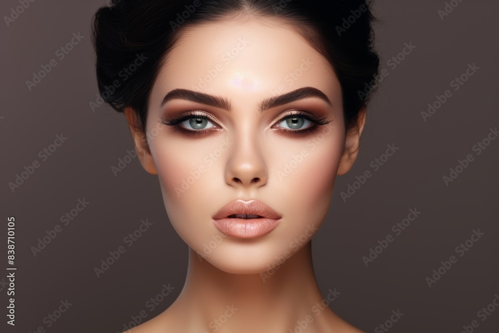 A gorgeous European model woman, striking caucasian model displays her expertly applied cosmetic makeup in close-up shot against a pastel earthtone backdrop. A gorgeous European model woman, striking caucasian model displays her expertly applied cosmetic makeup in close-up shot against a pastel earthtone backdrop.