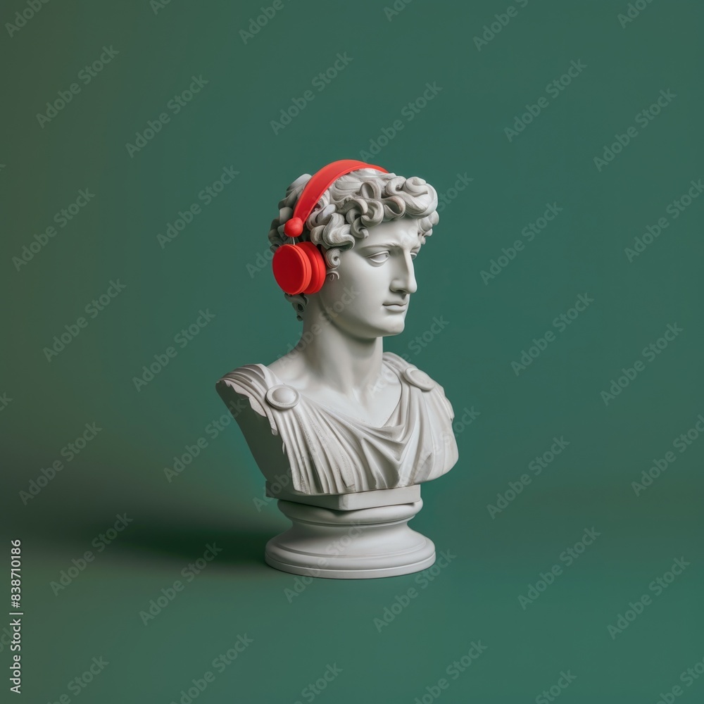 Marble culpture of the Greek god Apollo wearing red headset on a green background. Hyper realistic photography style. Marble culpture of the Greek god Apollo wearing red headset on a green background. Hyper realistic photography style.