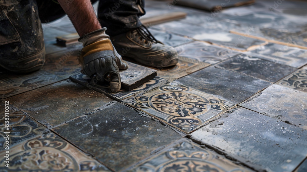Professional Tile Installation: Close-Up of Worker Laying Ceramic Tiles on the Floor at Home, Reflecting Quality Bathroom Installation Service.