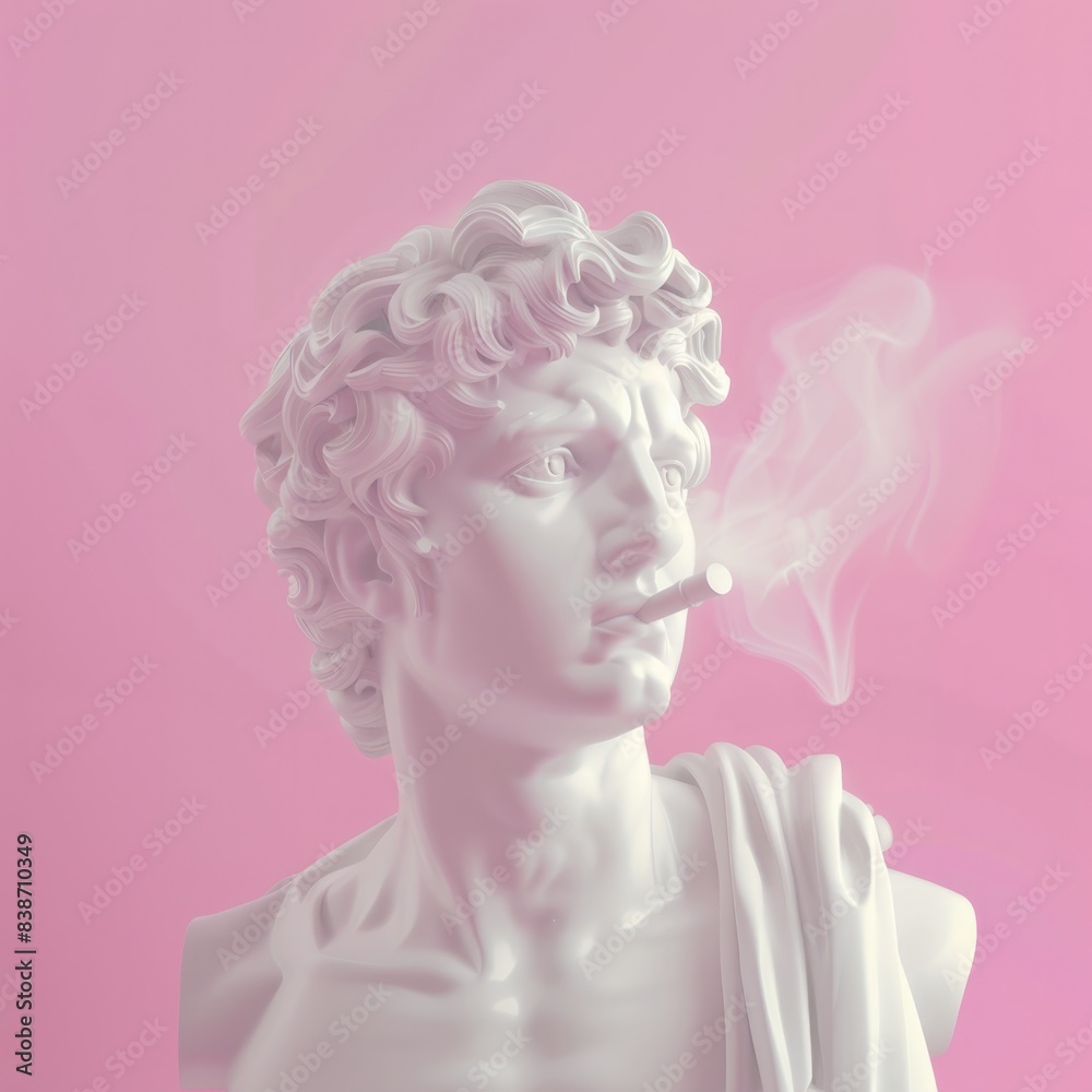Sculpture of the Greek god Apollo smoking a cigarette on a pink background. Sculpture of the Greek god Apollo smoking a cigarette on a pink background.
