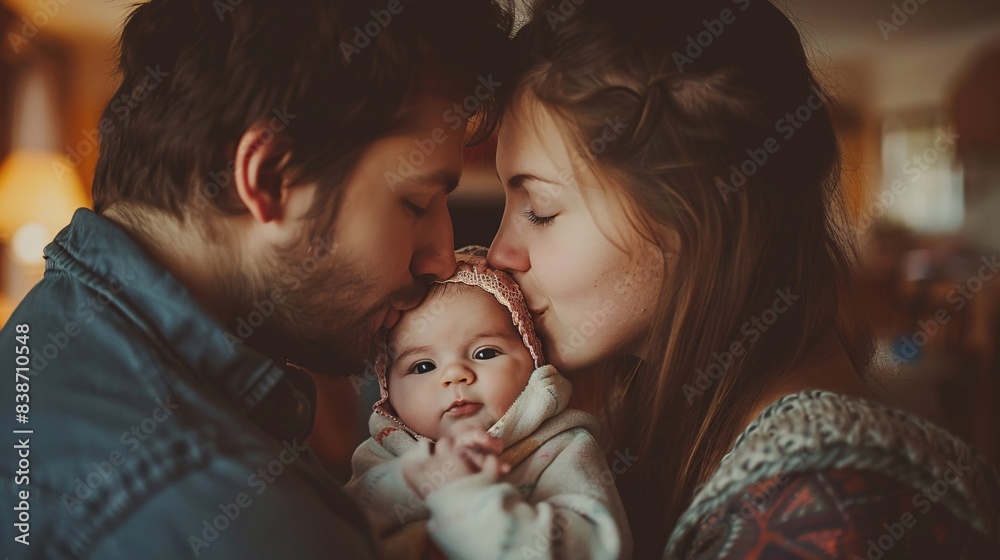 A happy family moment with the mother and father kissing their newborn baby A happy family moment with the mother and father kissing their newborn baby