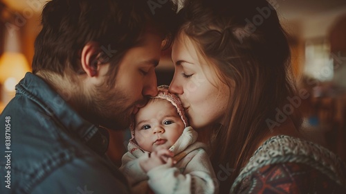 A happy family moment with the mother and father kissing their newborn baby