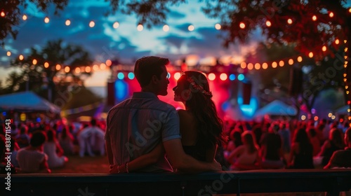 A couple enjoying a 4th of July concert in the park, with the stage decorated in red, white, and blue