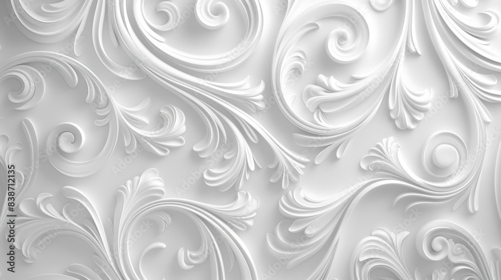 Elegant white embossed floral pattern wallpaper with intricate swirls and curves, perfect for interior design and decorative backgrounds. Elegant white embossed floral pattern wallpaper with intricate swirls and curves, perfect for interior design and decorative backgrounds.