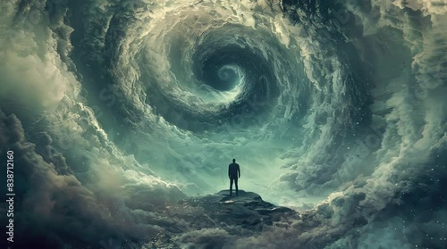 Man standing at the center of an abyss with swirling clouds, dramatic and intense scene
Seamless looping 4k time-lapse virtual video animation background. Generated AI